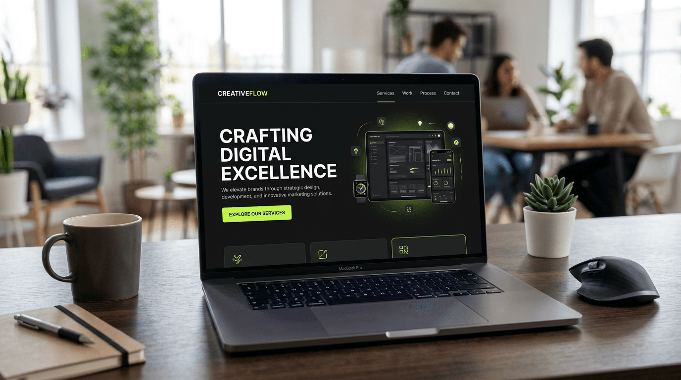 Modern dark website on laptop screen